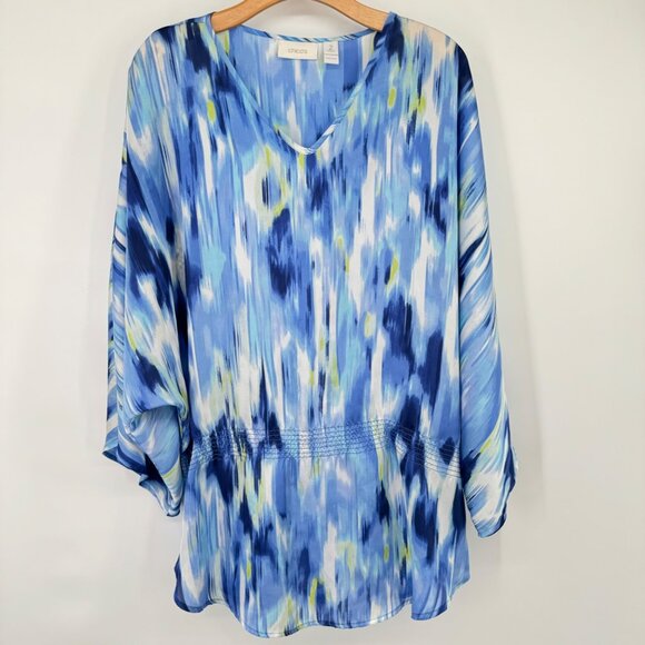 Chico's 2 Size large Blue V-Neck Tunic Top elastic waist satin womens - Picture 2 of 9